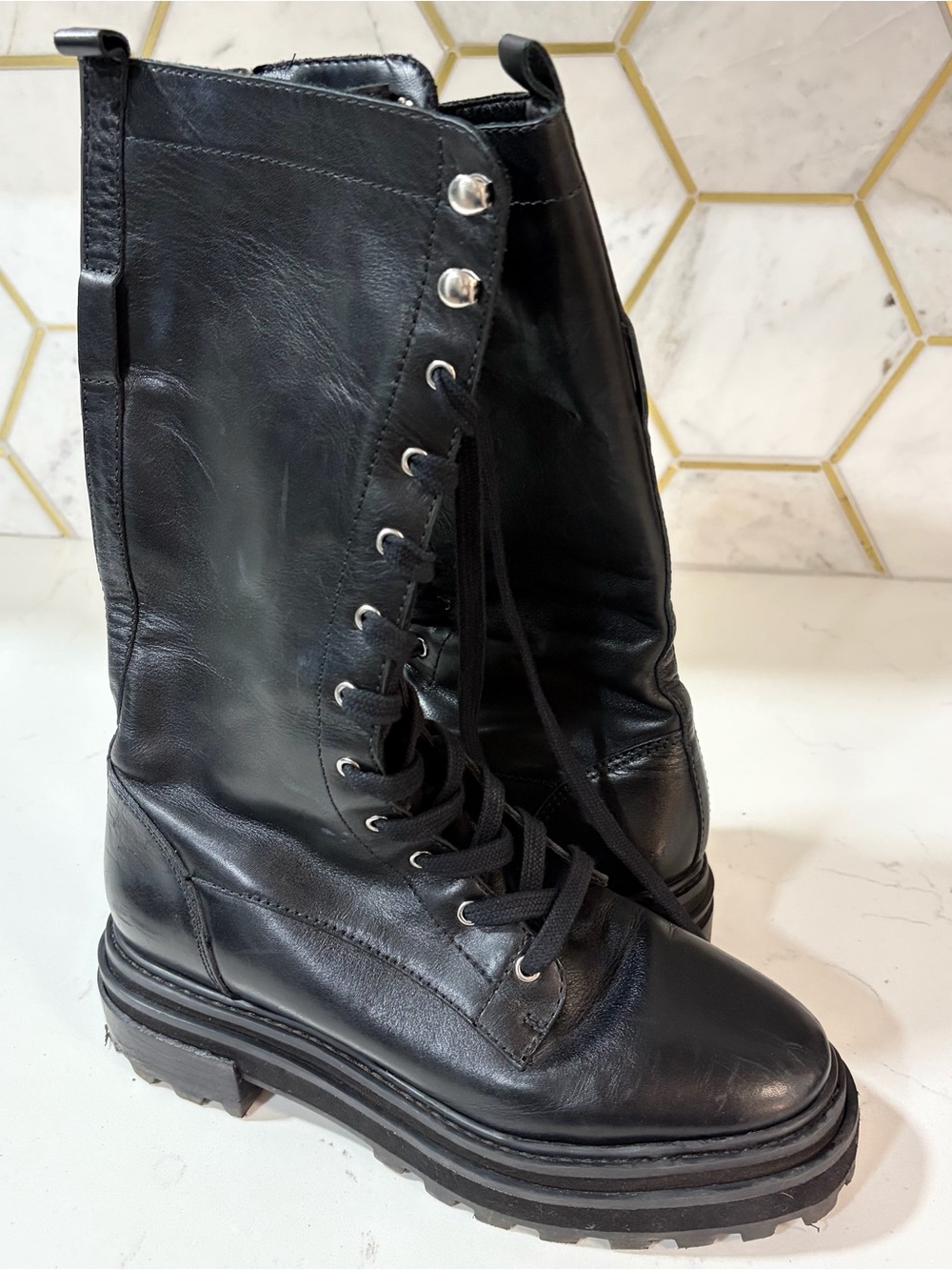 Schutz Black Leather Tall Lace-Up Combat Lug Sole Boots Sz. 7.5